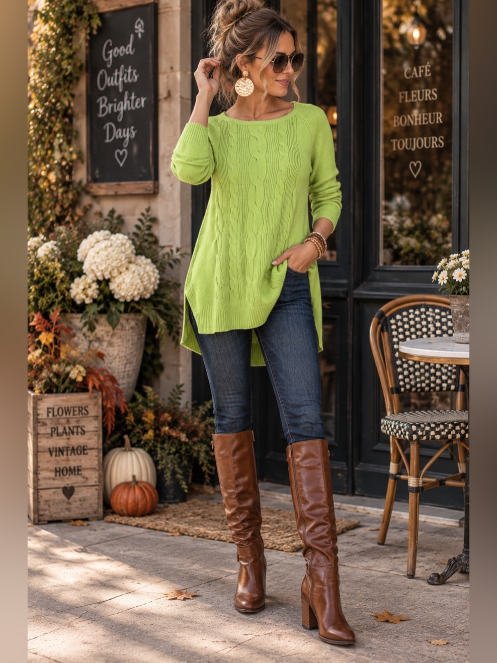 Cyrus Lime Green Cable Knit Sweater L High Low Tunic Cozy Boho